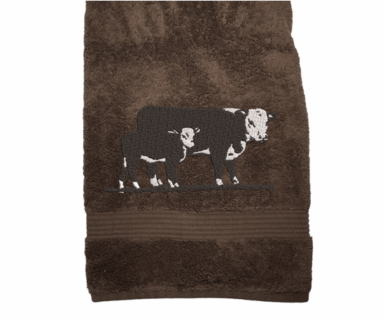 Brown bath towel Hereford Cow design - ranch name embroidered - western living family- farmhouse decor - luxury western theme towel set of 3 towels 1 bath towel 27: x 50", 1 hand towel 16" x 27", 1 wash cloth 13" x 13"- personalize bath towel  with name and an initial on the wash cloth or leave it plain - Borgmanns Creations