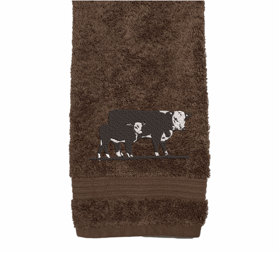 Brown hand towel,  Hereford Cow design - ranch name embroidered - western living family- farmhouse decor - luxury western theme towel set of 3 towels 1 bath towel 27: x 50", 1 hand towel 16" x 27", 1 wash cloth 13" x 13"- personalize towel set with name and an initial on the wash cloth or leave it plain - Borgmanns Creations