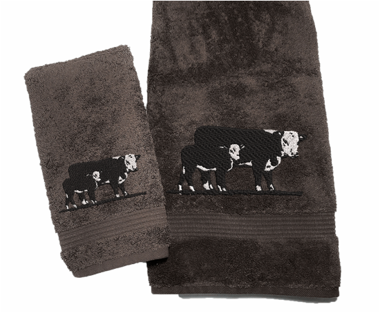 Brown bath and hand towels, Hereford Cow design - ranch name embroidered - western living family- farmhouse decor - luxury western theme towel set of 3 towels 1 bath towel 27: x 50", 1 hand towel 16" x 27", 1 wash cloth 13" x 13"- personalize towel set with name and an initial on the wash cloth or leave it plain - Borgmanns Creations