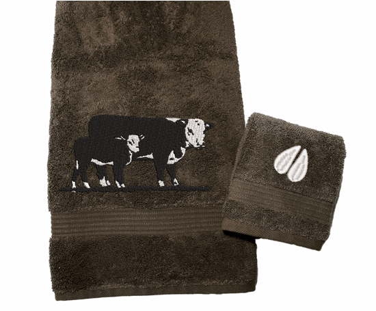 Brown bath towel and washcloth, Hereford Cow design - ranch name embroidered - western living family- farmhouse decor - luxury western theme towel set of 3 towels 1 bath towel 27: x 50", 1 hand towel 16" x 27", 1 wash cloth 13" x 13"- personalize towel set with name and an initial on the wash cloth or leave it plain - Borgmanns Creations