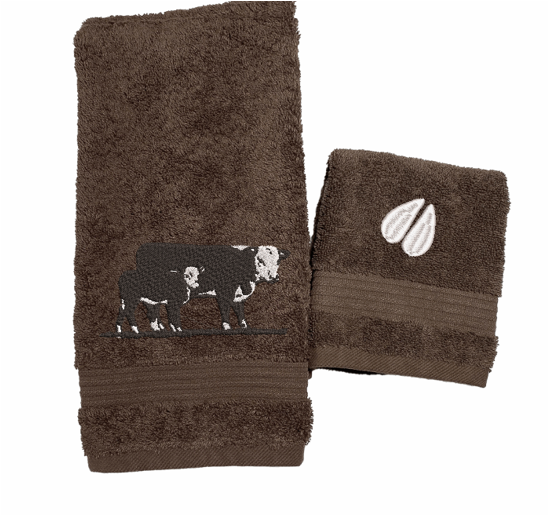 Brown hand towel and washcloth, Hereford Cow design - ranch name embroidered - western living family- farmhouse decor - luxury western theme towel set of 3 towels 1 bath towel 27: x 50", 1 hand towel 16" x 27", 1 wash cloth 13" x 13"- personalize towel set with name and an initial on the wash cloth or leave it plain - Borgmanns Creations
