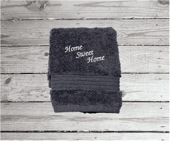 Gray washcloth , home Sweet Home design is the perfect design for the country living family, that likes the outdoor life, for that farmhouse decor. This Luxury western theme towel set of 3 towels 1 bath towel 27" x 50", 1 hand towel 16" x 27", 1 wash cloth 13" x 13". You can personalize the towel set with a name and an initial - Borgmanns Creations