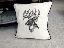 Load image into Gallery viewer, Deer head embroidered design in black  throw pillow cover, 18&quot; x 18&quot; beige (natural color) with matching piping around edge. The perfect decor for farmhouse or country living. A gift for the deer hunters to place in there room, anniversary gift, birthday gift or housewarming gift for a best friend gift. Borgmanns Creations  2
