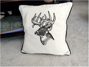 Deer head embroidered design in black  throw pillow cover, 18" x 18" beige (natural color) with matching piping around edge. The perfect decor for farmhouse or country living. A gift for the deer hunters to place in there room, anniversary gift, birthday gift or housewarming gift for a best friend gift. Borgmanns Creations  2