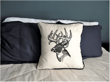 Load image into Gallery viewer, Deer head embroidered design in black throw pillow cover, 18&quot; x 18&quot; beige (natural color) with matching piping around edge. The perfect decor for farmhouse or country living. A gift for the deer hunters to place in there room, anniversary gift, birthday gift or housewarming gift for a best friend gift. Borgmanns Creations  3

