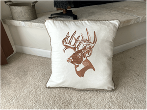 Deer head embroidered design in brown throw pillow cover, 18" x 18" beige (natural color) with matching piping around edge. The perfect decor for farmhouse or country living. A gift for the deer hunters to place in there room, anniversary gift, birthday gift or housewarming gift for a best friend gift. Borgmanns Creations  5
