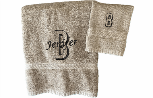 Bath Towel And Washcloth Set - Monogram Initial Name - Beige