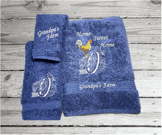 High Quality Luxury blue turkish Towels, durable soft and absorbent, finished edges with a decorative band. Set has 1 bath towel 27" x 50", 1 hand towel 16" x 27", 1 washcloth 13" x 13". Embroidered with a custom design. You can personalize the towel set with a name and an initial on the washcloth or just the designs. These luxury towels will make a wonderful wedding gift, housewarming gift, or for your own bathroom decor. Borgmanns Creations