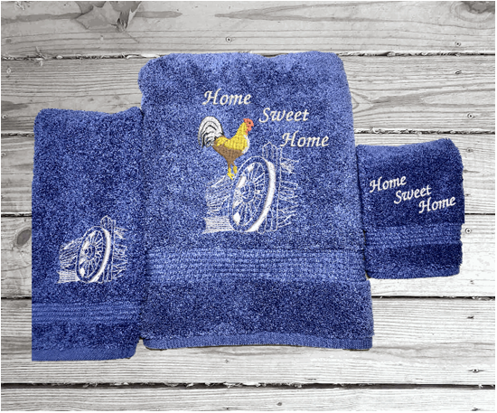 High Quality Luxury blue turkish Towels, durable soft and absorbent, finished edges with a decorative band. Set has 1 bath towel 27" x 50", 1 hand towel 16" x 27", 1 washcloth 13" x 13". Embroidered with a custom design. You can personalize the towel set with a name and an initial on the washcloth or just the designs. These luxury towels will make a wonderful wedding gift, housewarming gift, or for your own bathroom decor. Borgmanns Creations