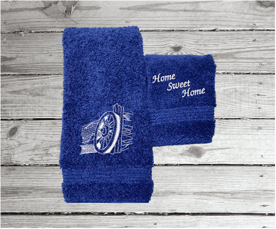 High Quality Luxury blue turkish hand towel and washcloth, durable soft and absorbent, finished edges with a decorative band. Set has 1 bath towel 27" x 50", 1 hand towel 16" x 27", 1 washcloth 13" x 13". Embroidered with a custom design. You can personalize the towel set with a name and an initial on the washcloth or just the designs. These luxury towels will make a wonderful wedding gift, housewarming gift, or for your own bathroom decor. Borgmanns Creations