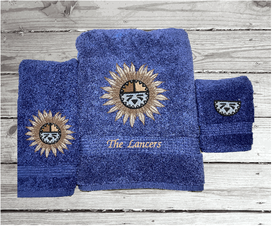 Blue bath towel set or individual towels, embroidered Southwest Symbol is the perfect design for that farmhouse decor. This Luxury towel set, 3 towels 1 bath towel 27" x 50", 1 hand towel 16" x 27", 1 wash cloth 13" x 13". You can personalize the towel set with a name and an initial on the wash cloth or just the designs - Borgmanns Creations