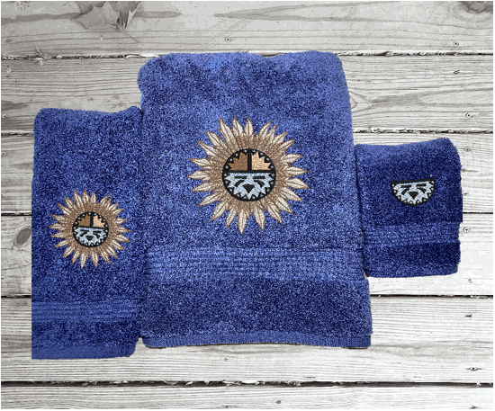 Blue bath towel set or individual towels, embroidered Southwest Symbol is the perfect design for that farmhouse decor. This Luxury towel set, 3 towels 1 bath towel 27" x 50", 1 hand towel 16" x 27", 1 wash cloth 13" x 13". You can personalize the towel set with a name and an initial on the wash cloth or just the designs - Borgmanns Creations