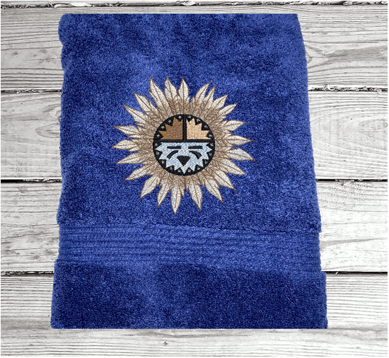 Blue bath towel, embroidered Southwest Symbol is the perfect design for that farmhouse decor. This Luxury towel set, 3 towels 1 bath towel 27" x 50", 1 hand towel 16" x 27", 1 wash cloth 13" x 13". You can personalize the towel set with a name and an initial on the wash cloth or just the designs - Borgmanns Creations