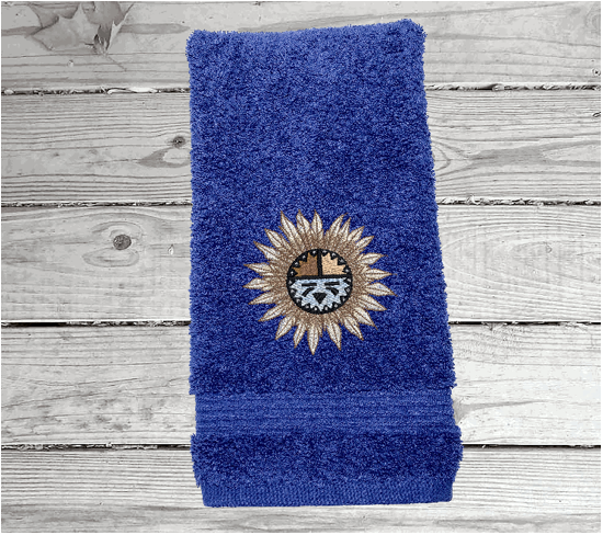 Blue hand towel, embroidered Southwest Symbol is the perfect design for that farmhouse decor. This Luxury towel set, 3 towels 1 bath towel 27" x 50", 1 hand towel 16" x 27", 1 wash cloth 13" x 13". You can personalize the towel set with a name and an initial on the wash cloth or just the designs - Borgmanns Creations