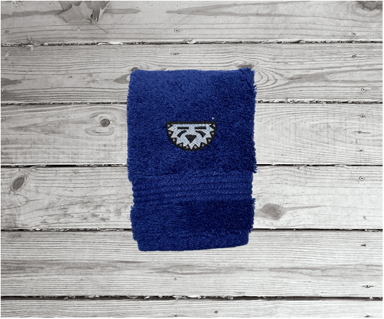 Blue washcloth, embroidered Southwest Symbol is the perfect design for that farmhouse decor. This Luxury towel set, 3 towels 1 bath towel 27" x 50", 1 hand towel 16" x 27", 1 wash cloth 13" x 13". You can personalize the towel set with a name and an initial on the wash cloth or just the designs - Borgmanns Creations