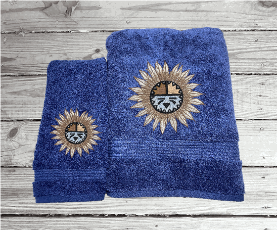 Blue bath towel and hand towel, embroidered Southwest Symbol is the perfect design for that farmhouse decor. This Luxury towel set, 3 towels 1 bath towel 27" x 50", 1 hand towel 16" x 27", 1 wash cloth 13" x 13". You can personalize the towel set with a name and an initial on the wash cloth or just the designs - Borgmanns Creations