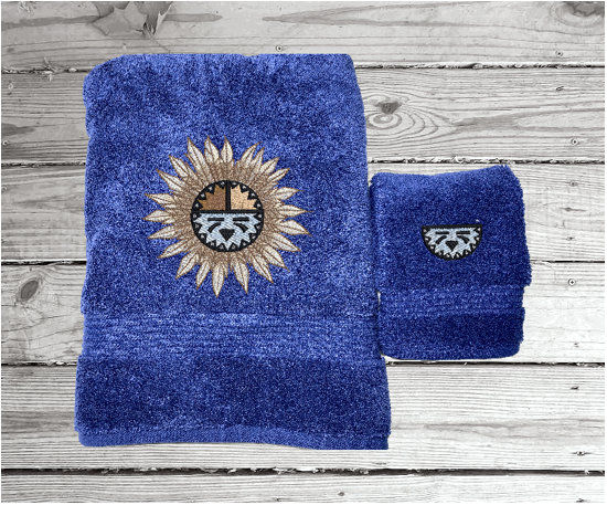 Blue bath towel and washcloth, embroidered Southwest Symbol is the perfect design for that farmhouse decor. This Luxury towel set, 3 towels 1 bath towel 27" x 50", 1 hand towel 16" x 27", 1 wash cloth 13" x 13". You can personalize the towel set with a name and an initial on the wash cloth or just the designs - Borgmanns Creations