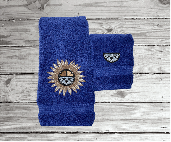 Blue hand towel and washcloth, embroidered Southwest Symbol is the perfect design for that farmhouse decor. This Luxury towel set, 3 towels 1 bath towel 27" x 50", 1 hand towel 16" x 27", 1 wash cloth 13" x 13". You can personalize the towel set with a name and an initial on the wash cloth or just the designs - Borgmanns Creations