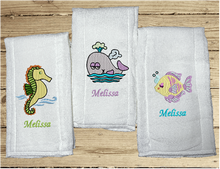 Load image into Gallery viewer, This diaper burp cloth set of 3 embroidered fish designs would be the perfect girl of boy baby shower gift for one who likes to be around the water, decorative diaper. New born burp cloth a gift for mom to be, with personalized name. Makes a useful gift for any meal of the day or to keep handy through the whole day. Borgmanns Creations - 1
