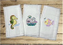 Load image into Gallery viewer, This diaper burp cloth set of 3 embroidered fish designs would be the perfect girl of boy baby shower gift for one who likes to be around the water, decorative diaper. New born burp cloth a gift for mom to be with personalized name. Makes a useful gift for any meal of the day or to keep handy through the whole day. Borgmanns Creations - 2
