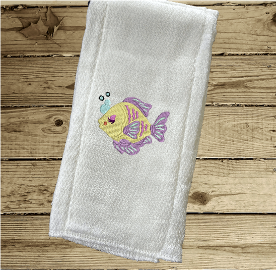 Try fold diaper with embroidered fish .This diaper burp cloth is one of 3 embroidered fish designs in the set, would be the perfect girl of boy baby shower gift for one who likes to be around the water, decorative diaper. New born burp cloth a gift for mom to be with personalized name. Makes a useful gift for any meal of the day or to keep handy through the whole day. Borgmanns Creations  - 3