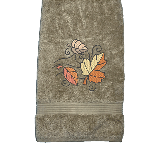 Beige bath towel, Fall leaves design is the perfect design for the country living family, that likes the outdoor life, for that farmhouse decor. This Luxury western theme towel set of 3 towels 1 bath towel, 1 hand towel, 1 wash cloth. -Borgmanns Creations 2