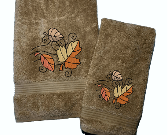 Fall Leaves -Embroidered Beige Bath Towel Set -Or Individual