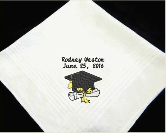 Graduation gift for him embroidered handkerchief for the graduate from family or friends to celebrate years of learning. High school, collage, special work schools for dad, brother, uncle, friend. Cotton handkerchief scalloped edges 16 inches x 16 inches. Borgmanns Creations -1