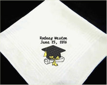 Load image into Gallery viewer, Graduation gift for him embroidered handkerchief for the graduate from family or friends to celebrate years of learning. High school, collage, special work schools for dad, brother, uncle, friend. Cotton handkerchief scalloped edges 16 inches x 16 inches. Borgmanns Creations -1

