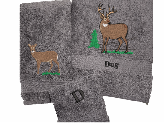 Gray bath towel set or individual towels, the embroidered deer design is the perfect design for the woodland themed family, that farmhouse decor. This Luxury towel set has 3 towels, 1 bath towel 27" x 55" , 1 hand towel 16" x 27", 1 wash cloth 13" x 13". These towels can be personalized with a name on th bath towel and an initial on the washcloth - Borgmanns Creations