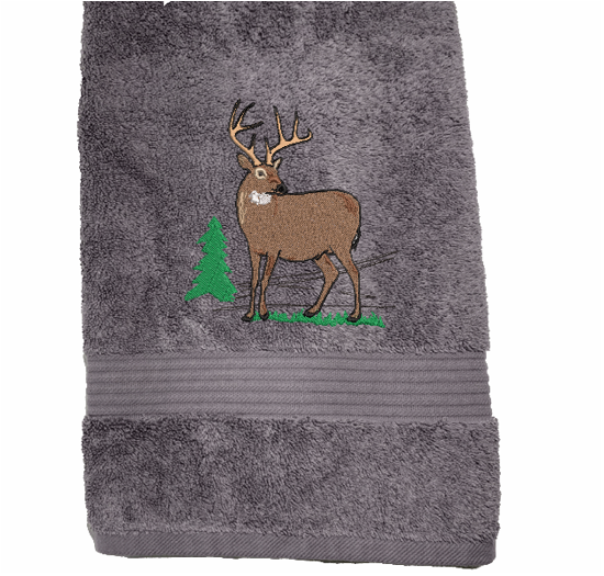 Gray bath towel, the embroidered deer design is the perfect design for the woodland themed family, that farmhouse decor. This Luxury towel set has 3 towels, 1 bath towel 27" x 55" , 1 hand towel 16" x 27", 1 wash cloth 13" x 13". These towels can be personalized with a name on th bath towel and an initial on the washcloth - Borgmanns Creations