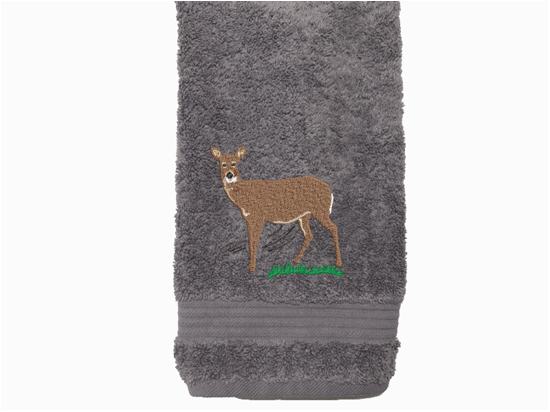 Gray hand towel , the embroidered deer design is the perfect design for the woodland themed family, that farmhouse decor. This Luxury towel set has 3 towels, 1 bath towel 27" x 55" , 1 hand towel 16" x 27", 1 wash cloth 13" x 13". These towels can be personalized with a name on th bath towel and an initial on the washcloth - Borgmanns Creations