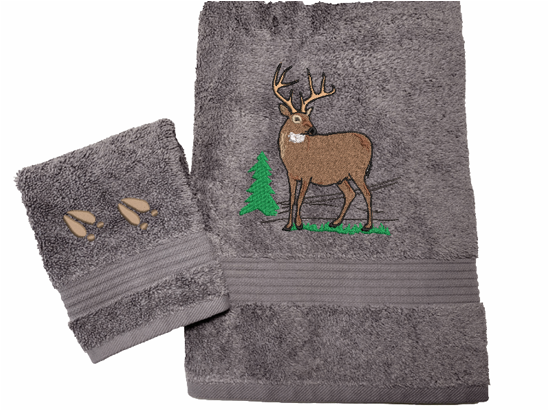 Gray bath towel and washcloth , the embroidered deer design is the perfect design for the woodland themed family, that farmhouse decor. This Luxury towel set has 3 towels, 1 bath towel 27" x 55" , 1 hand towel 16" x 27", 1 wash cloth 13" x 13". These towels can be personalized with a name on th bath towel and an initial on the washcloth - Borgmanns Creations