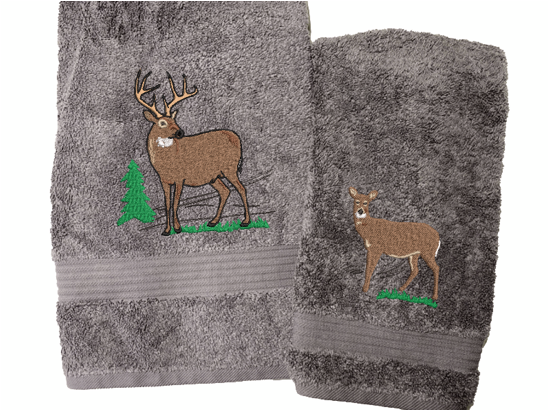 Gray bath towel and hand towel, the embroidered deer design is the perfect design for the woodland themed family, that farmhouse decor. This Luxury towel set has 3 towels, 1 bath towel 27" x 55" , 1 hand towel 16" x 27", 1 wash cloth 13" x 13". These towels can be personalized with a name on th bath towel and an initial on the washcloth - Borgmanns Creations