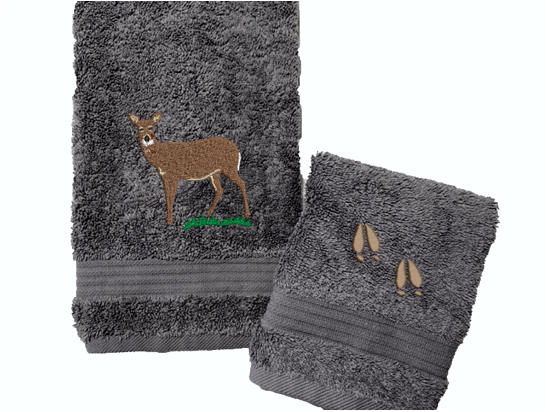 Gray hand towel and washcloth, the embroidered deer design is the perfect design for the woodland themed family, that farmhouse decor. This Luxury towel set has 3 towels, 1 bath towel 27" x 55" , 1 hand towel 16" x 27", 1 wash cloth 13" x 13". These towels can be personalized with a name on th bath towel and an initial on the washcloth - Borgmanns Creations