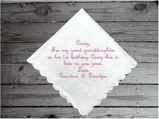Great granddaughter gift beautifully embroidered handkerchief, first birthday gift to have as she grows up keeping this personalized hankie from her great grand parents. White cotton handkerchief with scalloped edges 11 in x 11 in - Borgmanns Creations
