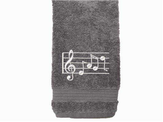Gray musical notes hand towel - cotton premium terry towel, soft and absorbent, 16" x 27" embroidered musical notes and the towel can be a personaloized gift for mom and her music minded family - teachers band members etc. - bathroom or kitchen decor -- Borgmanns Creations