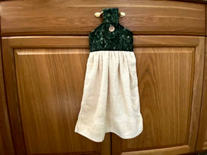 Beige cotton terry towel with green floral material for the top and beige wooden button to fasten loop. Ready to ship. Overall lenght is 21" soft and absorbent terry cloth can go with bathroom or kitchen decor. A great gift for a friend, teacher appreciation gift, housewaring gift etc.-Borgmanns Creations - 3