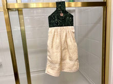 Load image into Gallery viewer, Beige cotton terry towel with green floral material for the top and beige wooden button to fasten loop. Ready to ship. Overall lenght is 21&quot; soft and absorbent terry cloth can go with bathroom or kitchen decor. A great gift for a friend, teacher appreciation gift, housewaring gift etc.-Borgmanns Creations - 7
