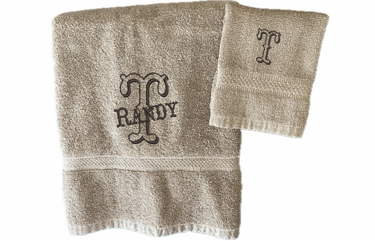 Beige Bath Towel, Washcloth Set - Monogram Western Font, Initial Name