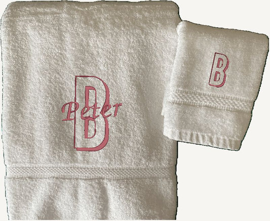 White Bath Towel, Washcloth Set - Monogram Gift, Initial Name