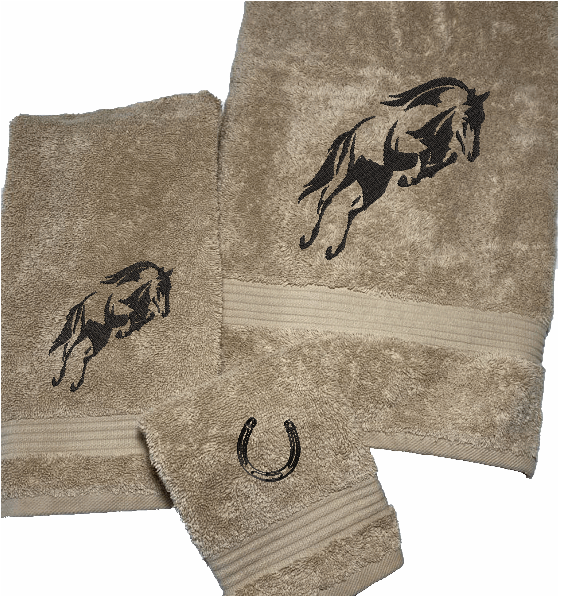 High Quality Luxury Turkish Towels durable soft and absorbent, finished edges with a decorative band. Set has 1 bath towel 27: x50", 1 hand towel 16" x 27", 1 washcloth13" x 13". Embroidered with a custom design. You can personalize the towel set with a name and an initial on the washcloth or just the designs. These luxury towels will make a wonderful wedding gift, housewarming gift, or for your own bathroom decor. Borgmanns Creations