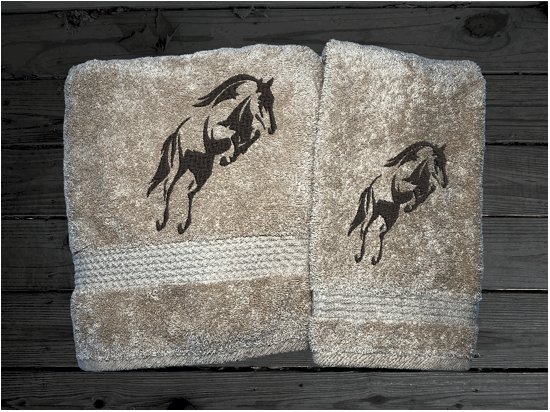 High Quality Luxury Turkish bath ans hand towels, durable soft and absorbent, finished edges with a decorative band. Set has 1 bath towel 27: x50", 1 hand towel 16" x 27", 1 washcloth13" x 13". Embroidered with a custom design. You can personalize the towel set with a name and an initial on the washcloth or just the designs. These luxury towels will make a wonderful wedding gift, housewarming gift, or for your own bathroom decor. Borgmanns Creations
