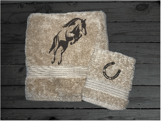 High Quality Luxury Turkish bath towel ans washcloth, durable soft and absorbent, finished edges with a decorative band. Set has 1 bath towel 27: x50", 1 hand towel 16" x 27", 1 washcloth13" x 13". Embroidered with a custom design. You can personalize the towel set with a name and an initial on the washcloth or just the designs. These luxury towels will make a wonderful wedding gift, housewarming gift, or for your own bathroom decor. Borgmanns Creations