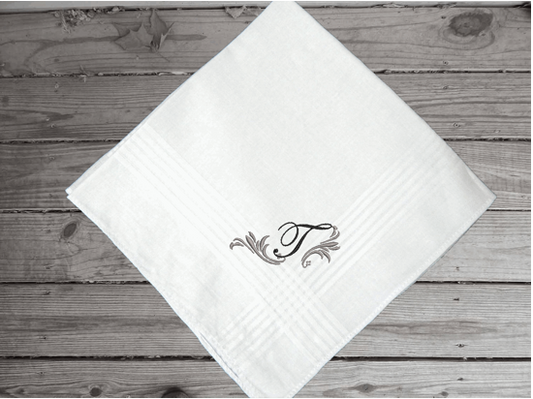 White cotton mans handkerchief with saton strips arouond the edge, 16" x 16", Personalized embroidered initial, groomsmen gift for the bridal party, to dad from his son or daughter. Make it a special day for dad when you present this to him as a loving gift. Thoughts for his birthday. Borgmanns Creations