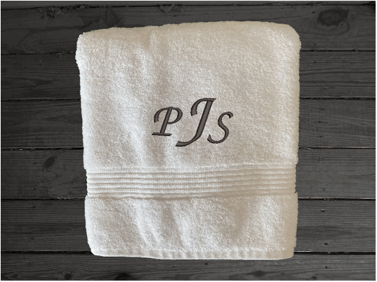 White personalized luxury bath towel, with embroidered monogram initials. Luxury towels 1 bath towel 27" x 50", 1 hand towel 16" x 27", 1 washcloth 13" x 13", soft and absorbent with decorative band, bathroom decor. Soft absorbent bath towels, a gift for anyone in the family or a gift for a friend. Monogram name for that special wedding gift. Borgmanns Creations