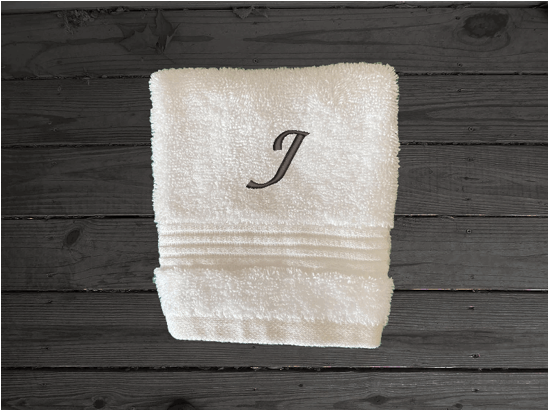 White personalized luxury washcloth, with embroidered monogram initials. Luxury towels 1 bath towel 27" x 50", 1 hand towel 16" x 27", 1 washcloth 13" x 13", soft and absorbent with decorative band, bathroom decor. Soft absorbent bath towels, a gift for anyone in the family or a gift for a friend. Monogram name for that special wedding gift. Borgmanns Creations