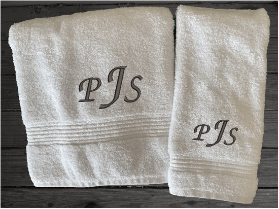 White personalized luxury bath towel and hand towel, with embroidered monogram initials. Luxury towels 1 bath towel 27" x 50", 1 hand towel 16" x 27", 1 washcloth 13" x 13", soft and absorbent with decorative band, bathroom decor. Soft absorbent bath towels, a gift for anyone in the family or a gift for a friend. Monogram name for that special wedding gift. Borgmanns Creations