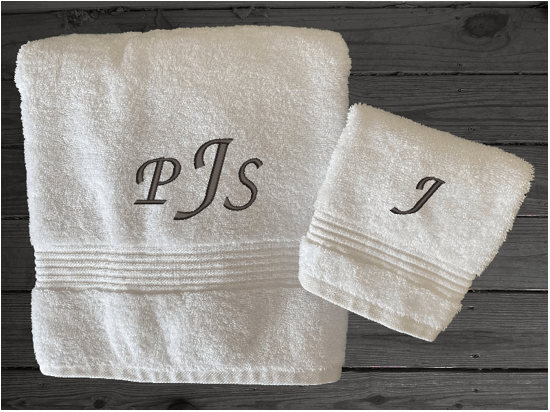 White personalized luxury bath towel and washcloth, with embroidered monogram initials. Luxury towels 1 bath towel 27" x 50", 1 hand towel 16" x 27", 1 washcloth 13" x 13", soft and absorbent with decorative band, bathroom decor. Soft absorbent bath towels, a gift for anyone in the family or a gift for a friend. Monogram name for that special wedding gift. Borgmanns Creations