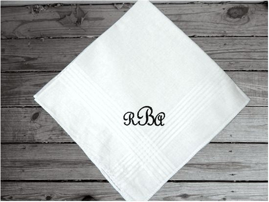 Monogram handkerchief with 3 embroidered initials, a simple but elegant gift for the men in the wedding party, or dad or grandpa for his birthday, a useful present all year round. Cotton handkerchief with satin strips around edges, 11" x 11". - Borgmanns Creations